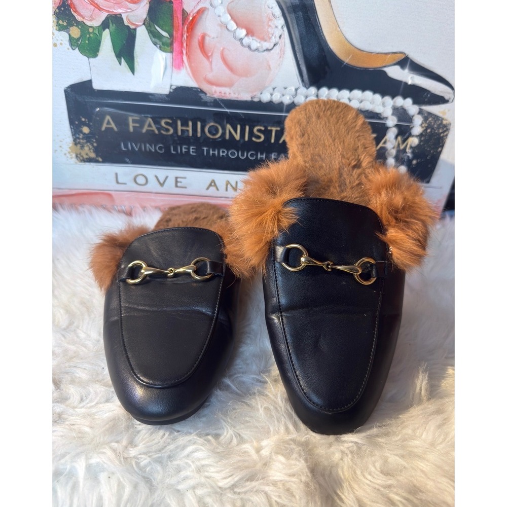 Black Faux Leather Fur Lined Horsebit Mule Loafers Slides Gold Detail Size 39